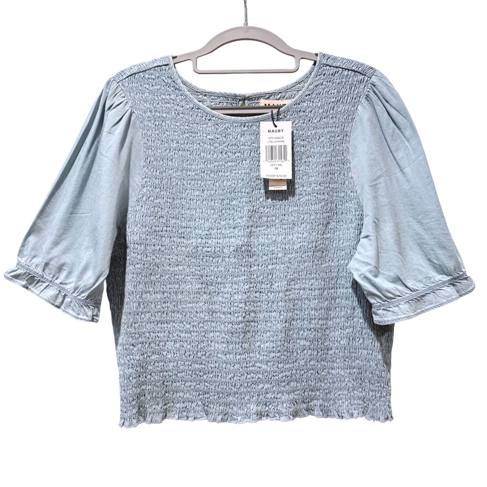 Mauby Womens Smocked Puff Sleeve Blouse Blue Chambray Casual Shirt Top 1X
